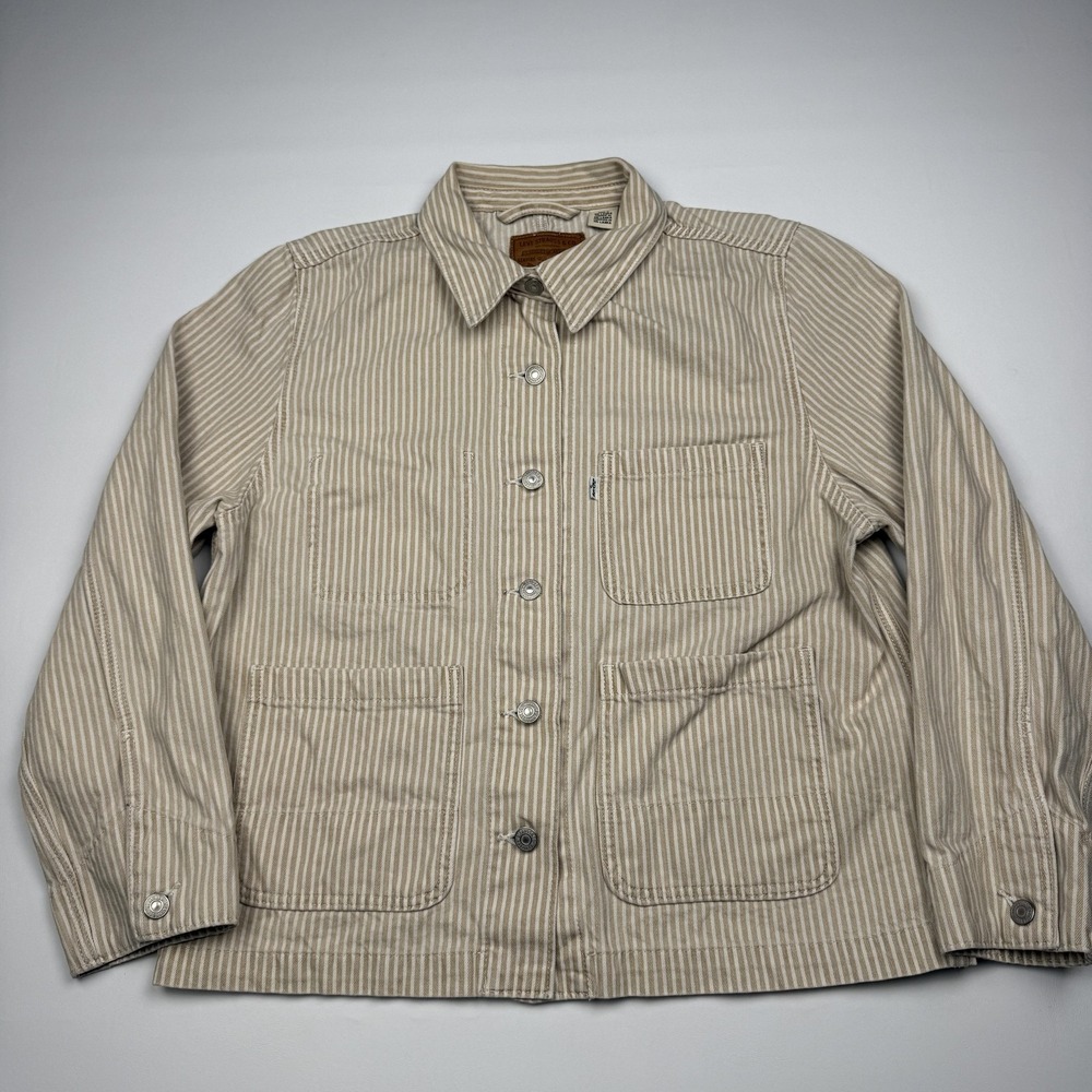 Levi's Premium Jacket Womens Large Beige Striped Denim Chore Workwear Utility